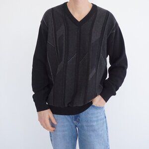 Leo Chevalier Black Charcoal Chevron Stripe Heritage Knit Wool Blend Sweater XL
